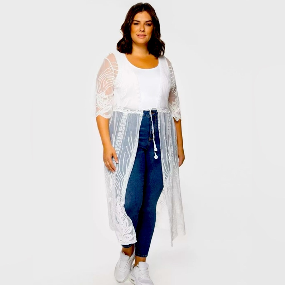 😎🆕Sheer Crochet-Trimmed Duster/Beach coverup ivory new with tags never worn